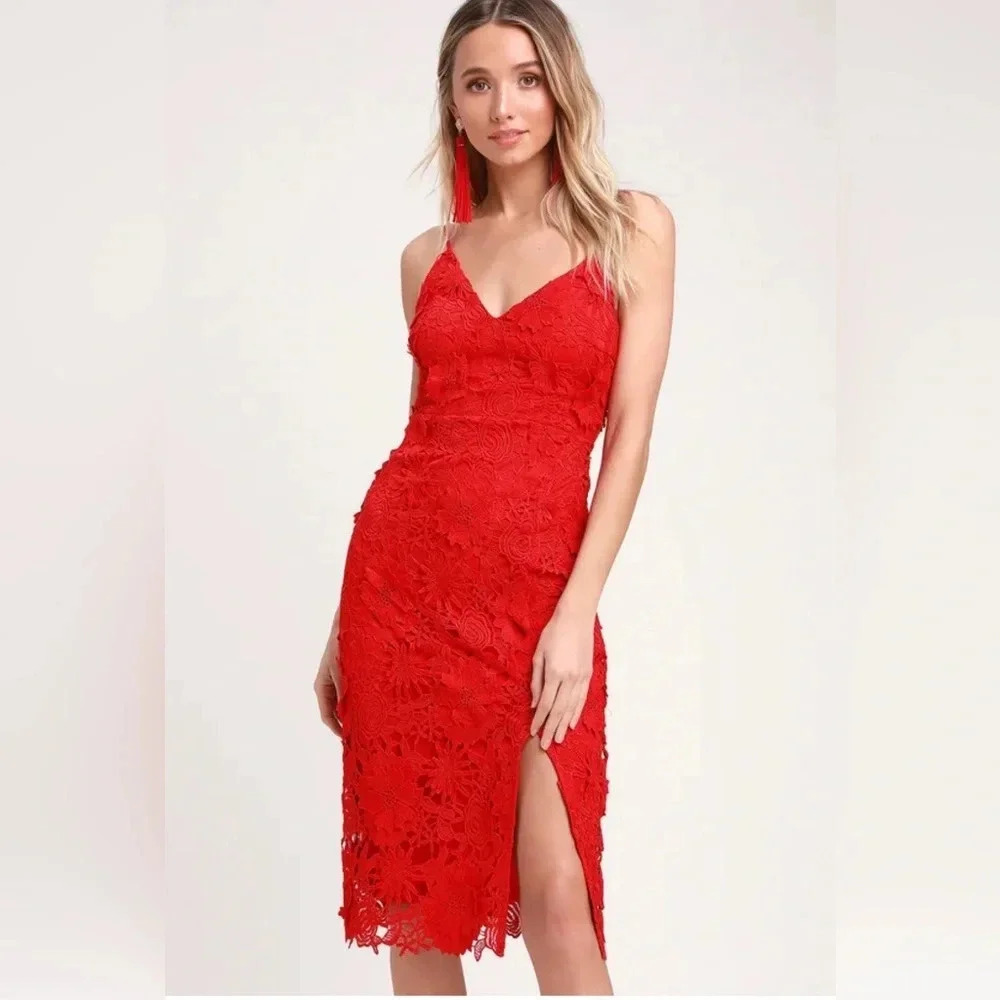 Lulu’s Steal‎ Your Heart Red Crochet Lace Midi Dress